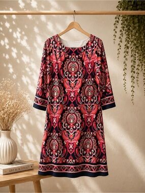 JH Design| Paisley-Print Midi Dress with Three-Quarter Sleeves| XL| Pink & Navy